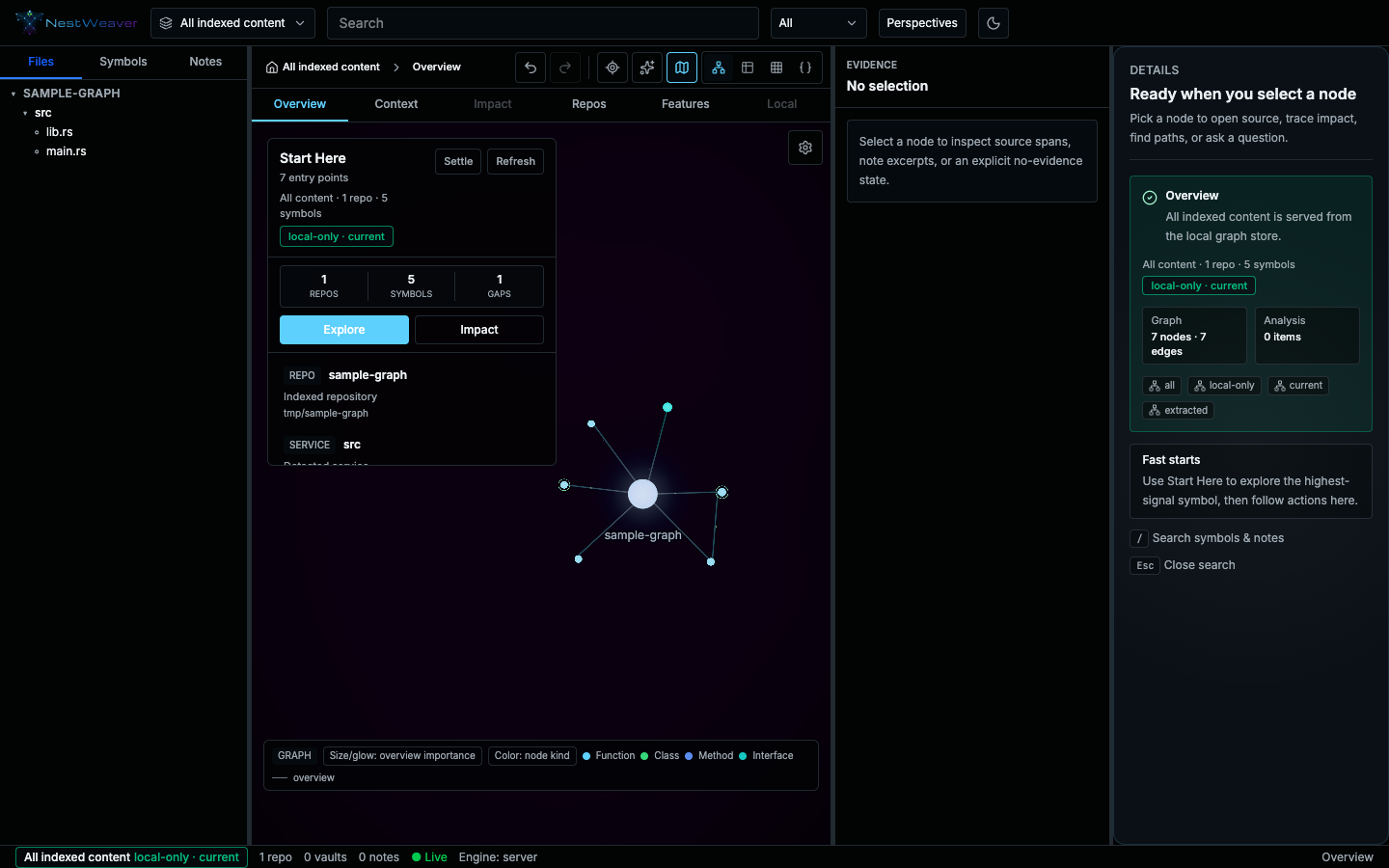 NestWeaver web UI overview: files on the left, the graph in the center, details on the right